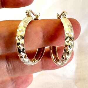 Sterling Silver 925 Geometric Texture Hoop Earrings Hinged Posts 1.25'' Length